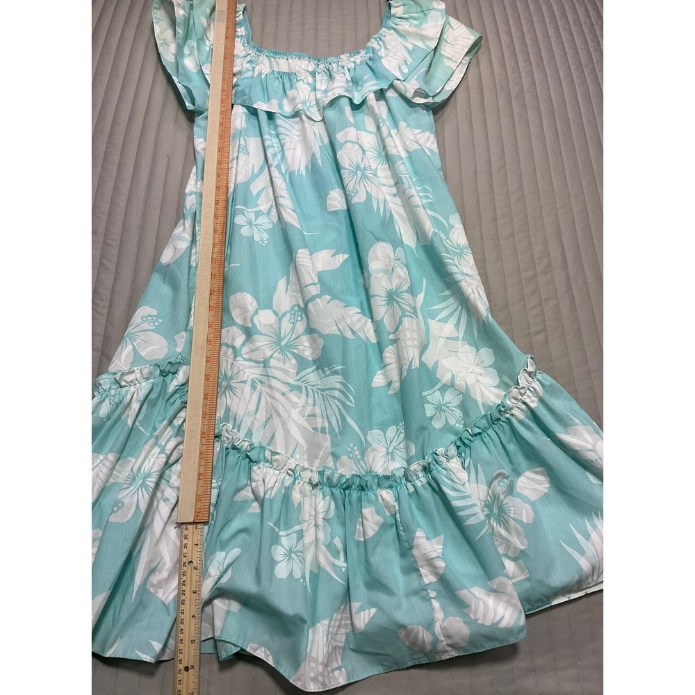 VTG 80/90s Kole Kole Hawaiian Aloha Muu Muu Ruffle Dress Aqua Monstera Women's S - Picture 8 of 16